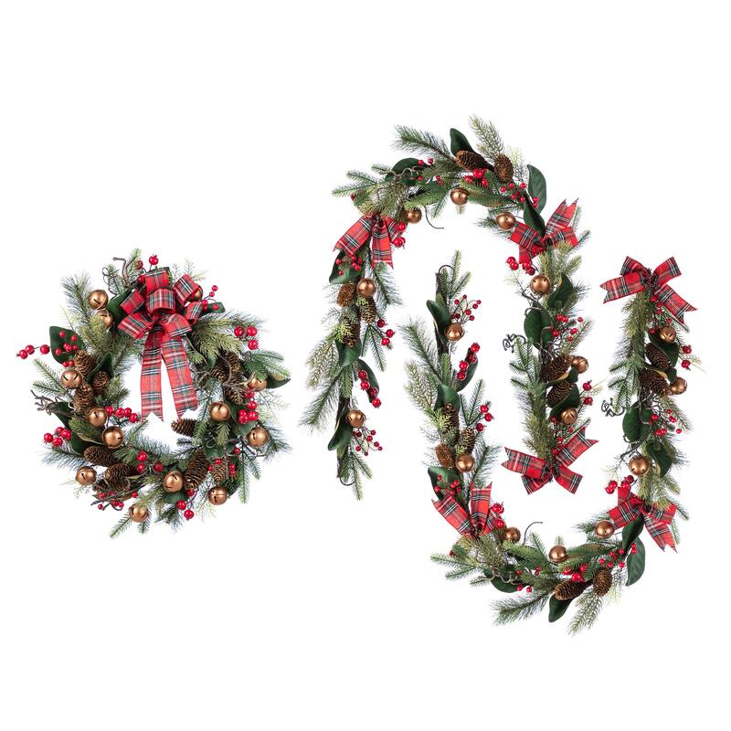 Glitzhome Christmas Bell Pinecone & Berry Bow Wreath Teardrop Garland Wall Decor - Set of 3-Garlands s& Wreath