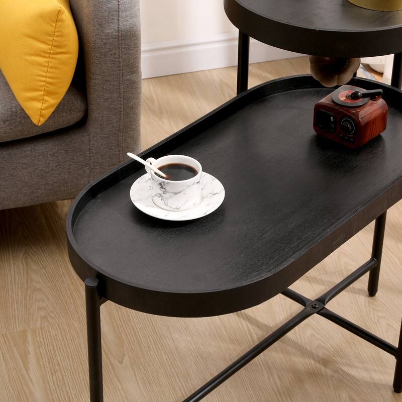 Modern 2-Tier Sofa Side Table with Storage - Black Metal Frame & Wooden Tray