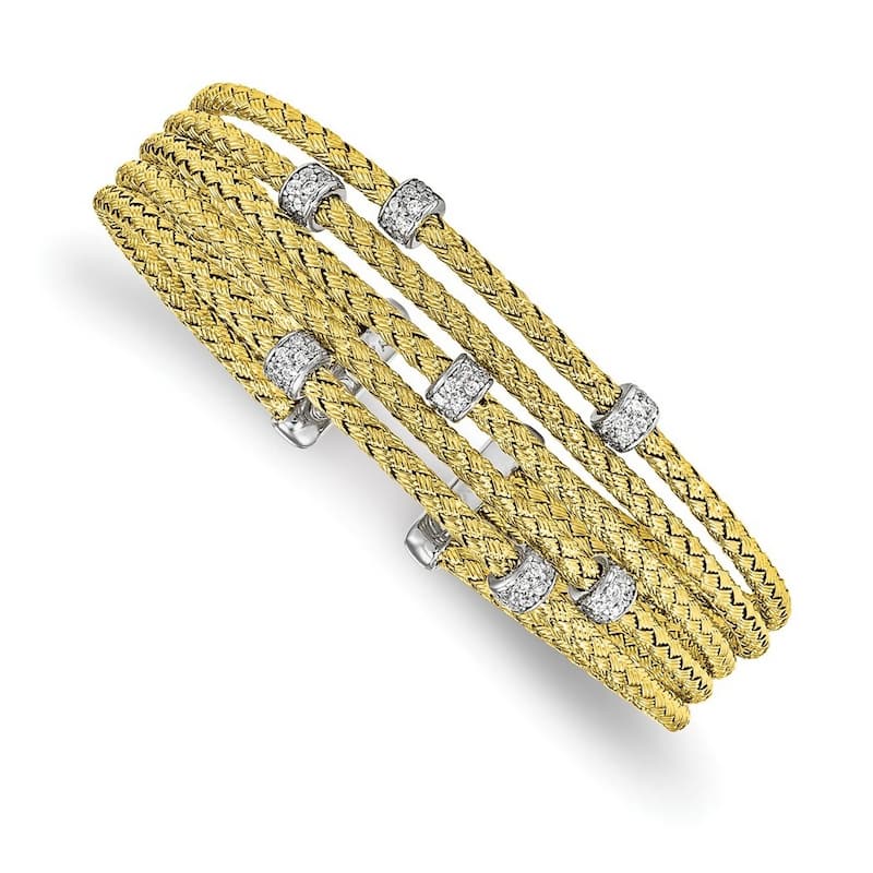 Curata 925 Sterling Silver Polished Gold tone CZ Cubic Zirconia Simulated Diamond Woven Flexible Cuff Stackable Bangle Bracelet