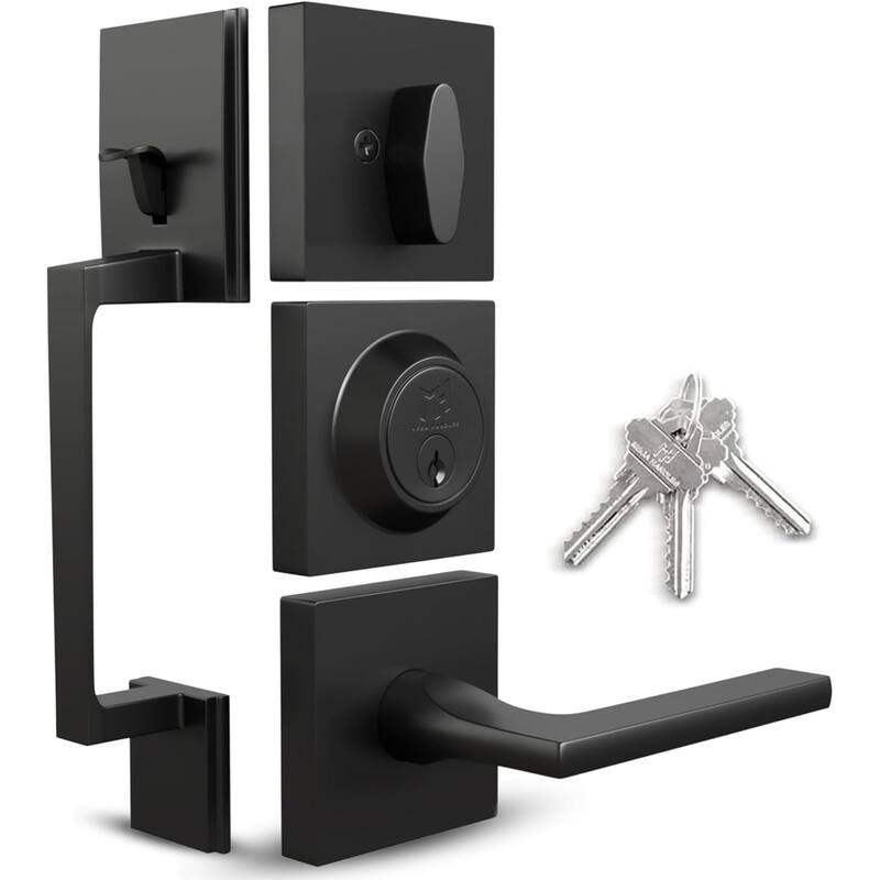 Mega Handles Tobelle Entrance Handleset with Interior Door Lever & Single Cylinder Deadbolt – Stainless Steel – Modern Design -  Entrance Lever and Single Cylinder Deadbolt Keyed Combo I Exterior and Interior|Matte Black - Straight