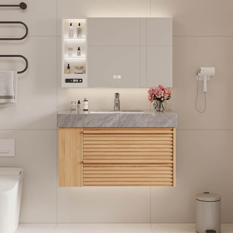 Modern 36" Bathroom Vanities, Sintered Stone Tabletop, Sold wood Cabinets, 2 Drawers& 2 Adjustable Shelves, Not Assembled Need