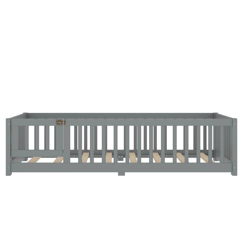 Montessori Toddler Floor Bed with Fence and Switchable Door, Low Profile Bed Frame with Removable Slats, Safe Transition Bed