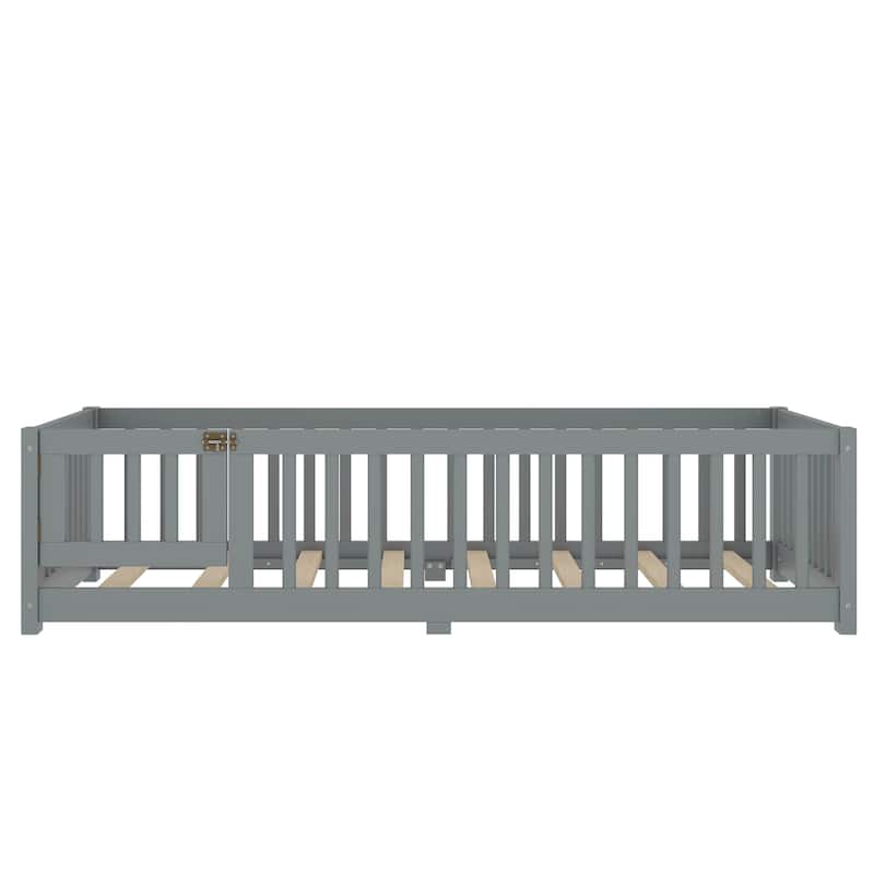 Twin Size Gray Floor Bed w/ Safety Guardrails & Door for Kids - White