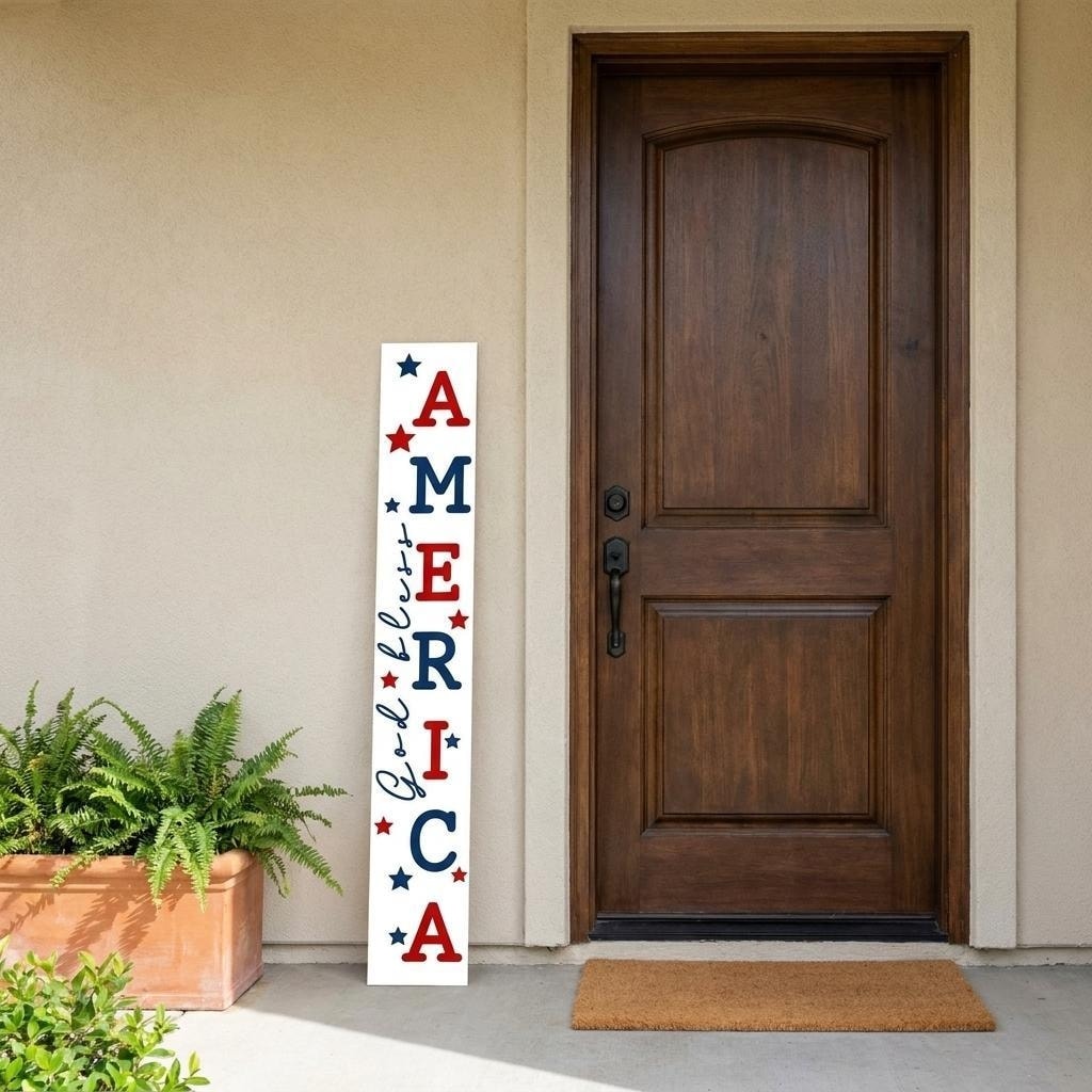 HomeRoots 47" Red White And Blue Solid Wood God Bless America Porch Sign