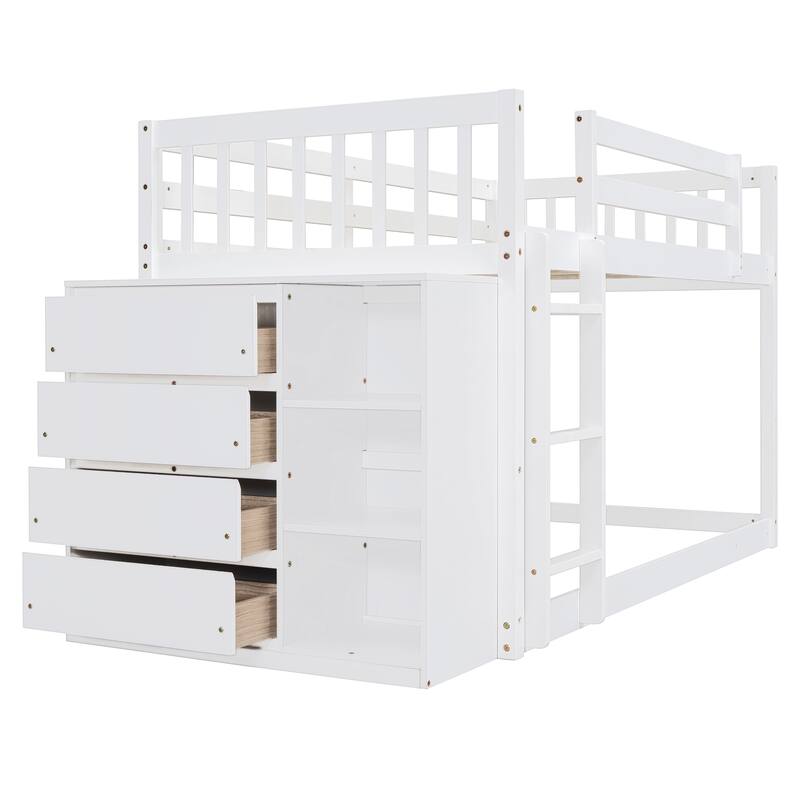 Wood Floor Bunk Beds with 4 Drawers and 3 Shelves, Convertible Side Cabinets and Ladders, Solid Wood Bunkbed Frame for Bedroom