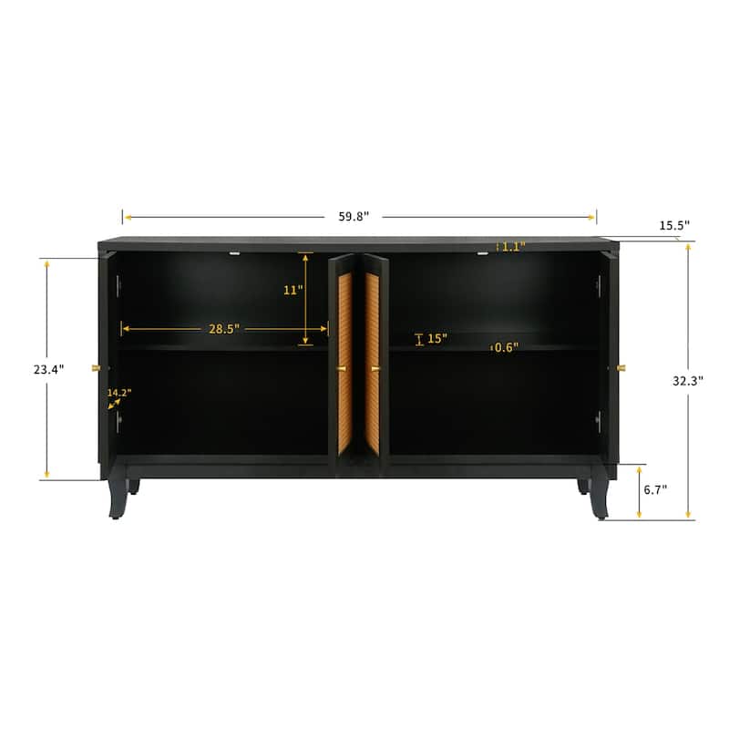 Wood Sideboard Cabinet with 4 Rattan Doors and Adjustable Shelves