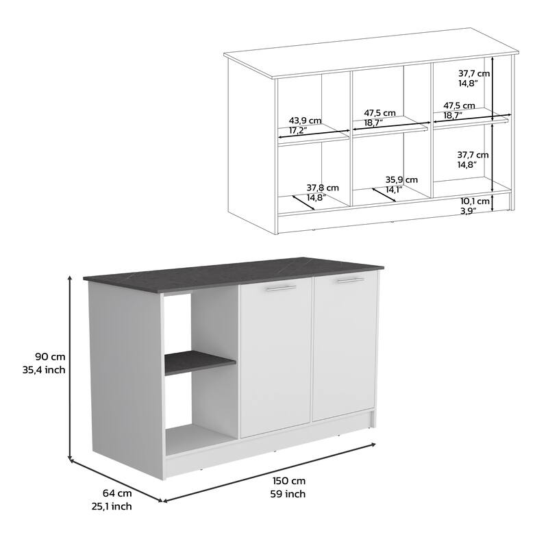Kitchen Island with Large Countertop, Open Storage Shelves and Double Door Cabinet, White / Onyx