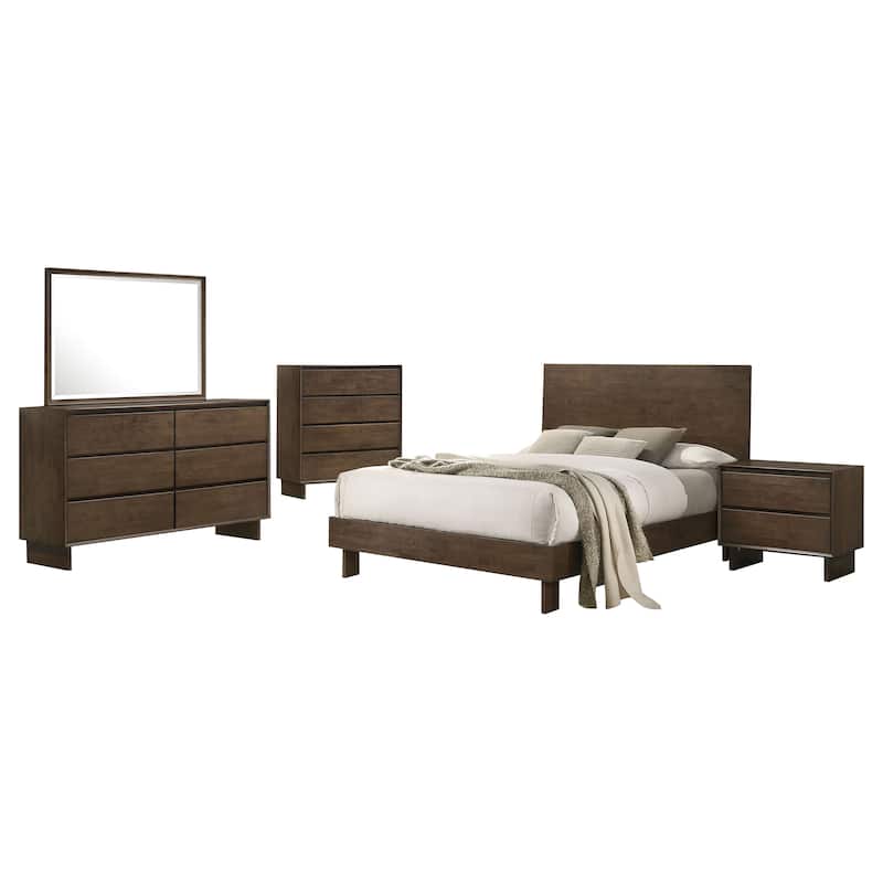 Genu 5pc Queen Size Bedroom Set, Modern Warm Brown Rubberwood