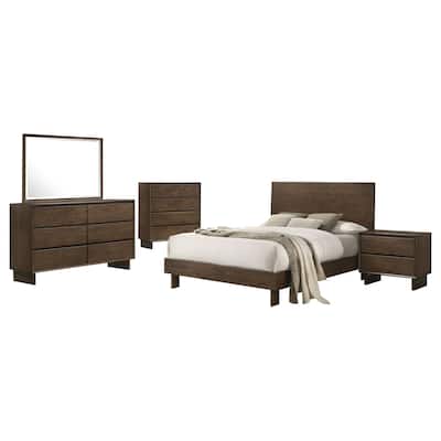 Genu 5pc Queen Size Bedroom Set, Modern Warm Brown Rubberwood
