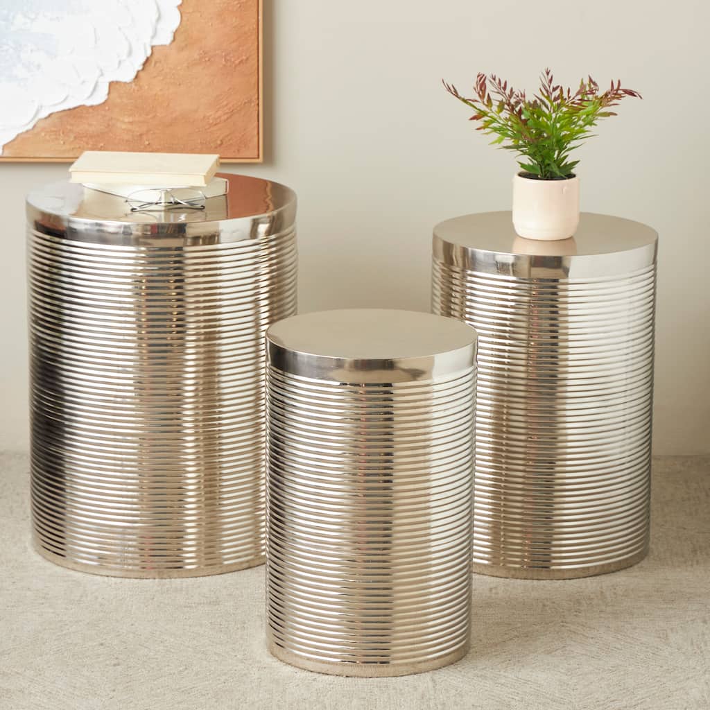 Gold or Silver Metal Metallic Ribbed Drum Accent Table (Set of 3)