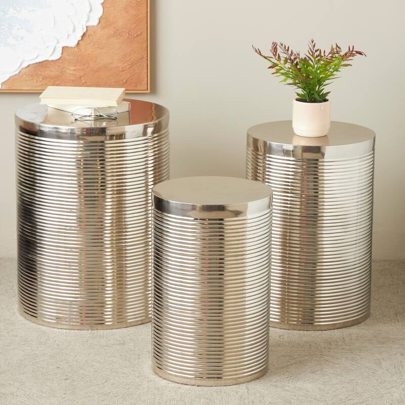 Gold or Silver Metal Metallic Ribbed Drum Accent Table (Set of 3) - Silver