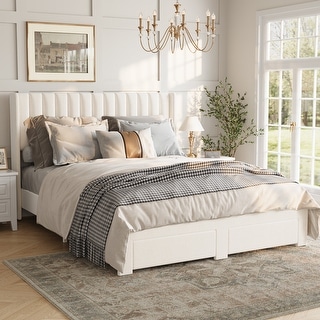Velvet Upholstered Bed Frame with Wingback Headboard, 2 Storage Drawers ...