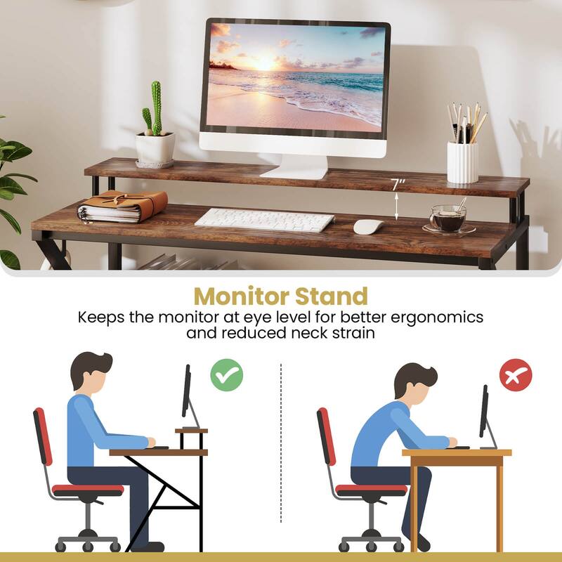 Costway Home Office Desk with Monitor Stand, Open Shelf & Metal Frame, - See Details