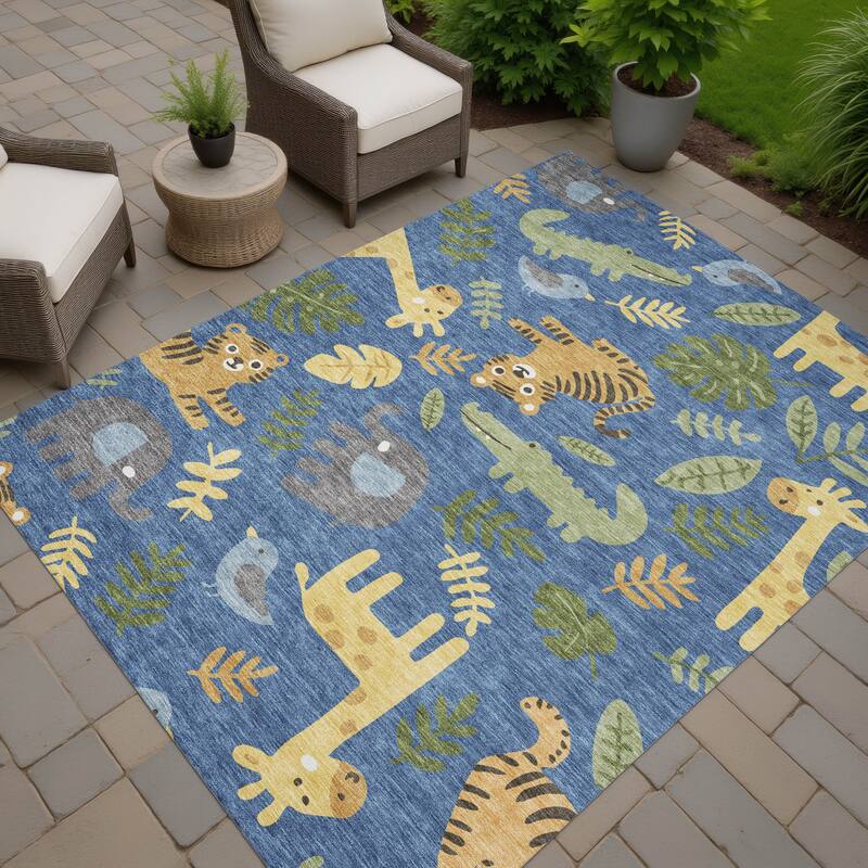 Machine Washable Indoor/ Outdoor Whimsy Safari Animals Chantille Rug