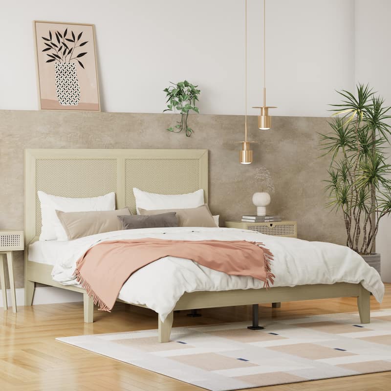 Queen Size Solid Wood Platform Bed with Rattan Headboard and Silent Slats System - Natural