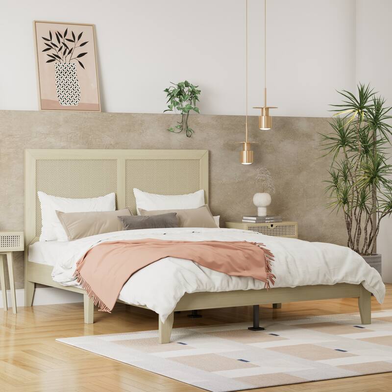 Roomfitters Solid Wood Platform Bed Frame, Bohemian Rattan Headboard Foundation with Supportive Slats, Natural Wood