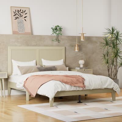 Solid Wood Platform Queen Bed With Rattan