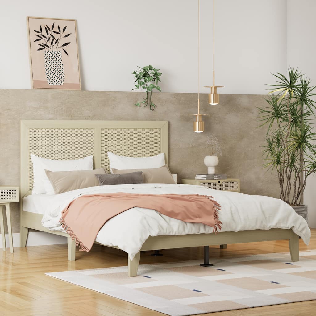 Solid Wood Platform Queen Bed With Rattan