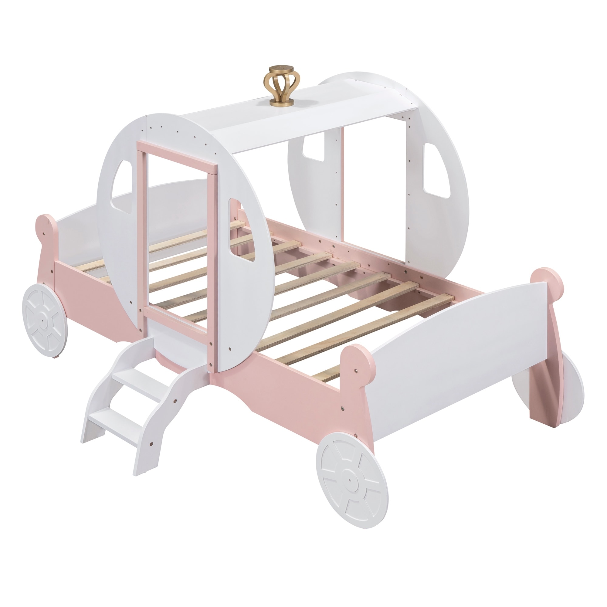 Twin size Princess Carriage Bed with Crown Wood Platform Car Bed with Stair Pink