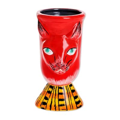 Novica Handmade Top Cat In Red Ceramic Flower Pot