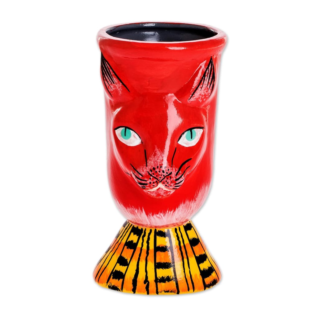 Novica Handmade Top Cat In Red Ceramic Flower Pot