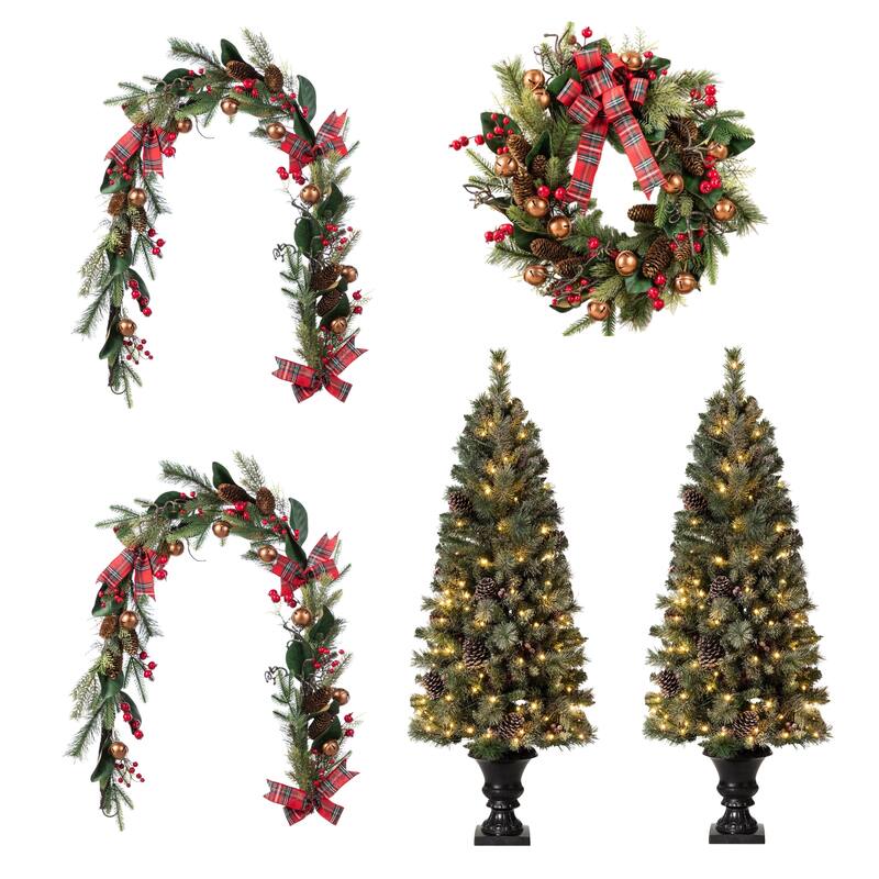 Glitzhome 4/5ft Pre-Lit Snow Flocked Christmas Tree in Pot, Berry Bow Wreath and Garland Set Xmas Decor - 5PK-5ftTrees&Garlands&Wreath