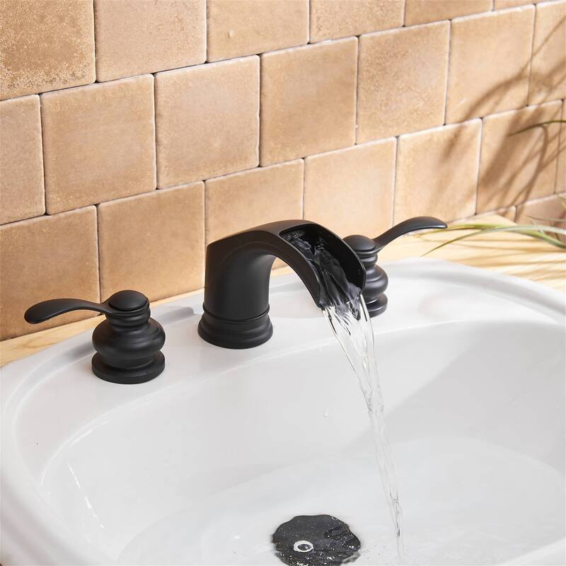 Waterfall Widespread Bathroom Sink Faucet With Drain Assembly 8 Inch Basin Vanity Faucets 3 Hole Modern Double Handle Black Taps