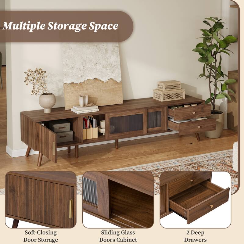 76" Contemporary TV Stand – Wood-Grain Media Console with Glass Doors & Storage Cabinets, Fits 85" TVs – Minimalist Design