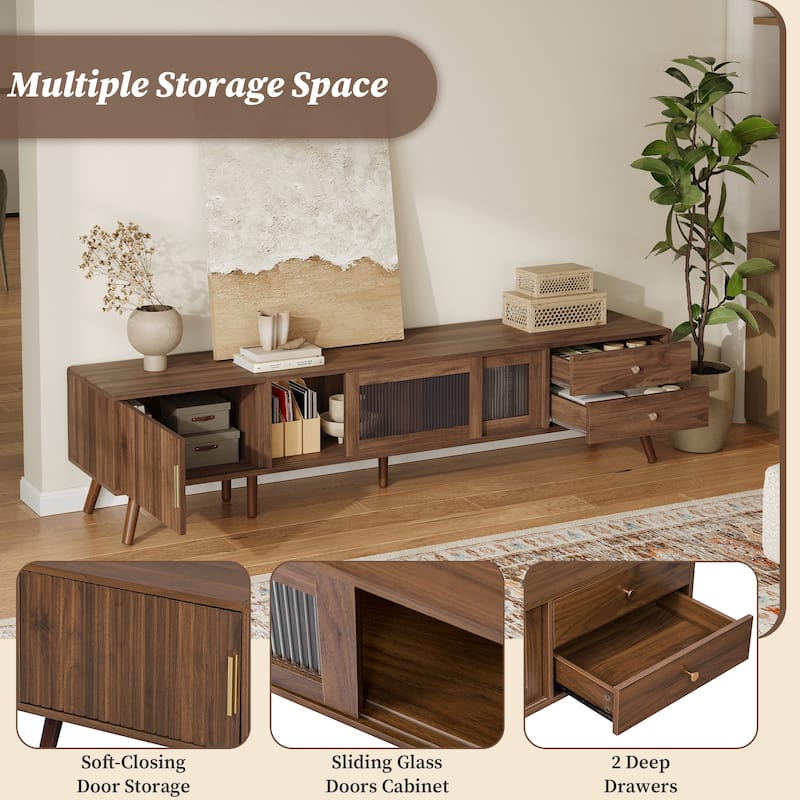 76" Modern Minimal Glass-Doors TV Stand for TVs up to 85 Inches, Wood-Grain Entertainment Center with Storage Cabinets