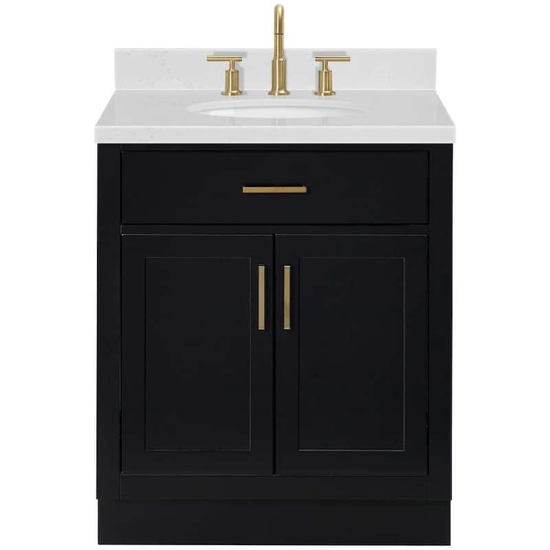 Ariel T030SCQOVO Hepburn 30" Free Standing Single Oval Basin Vanity - Black / Carrara White Quartz / Satin Brass