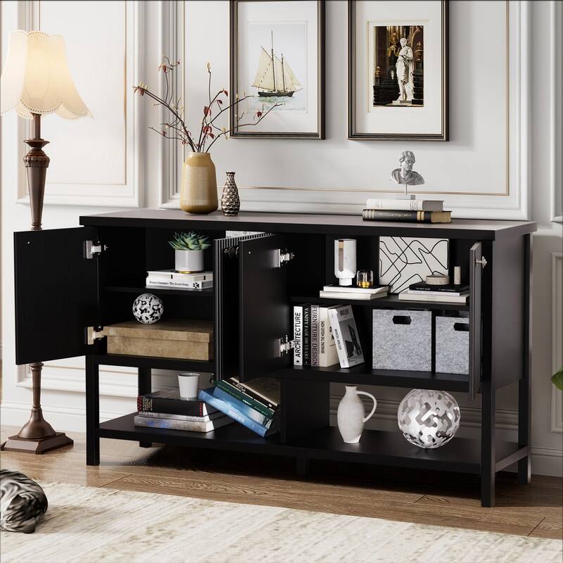 59" Sideboard Buffet Cabinet – Fluted 4-Door Storage, Farmhouse Accent Sideboard Large Console Table for Kitchen or Hallway