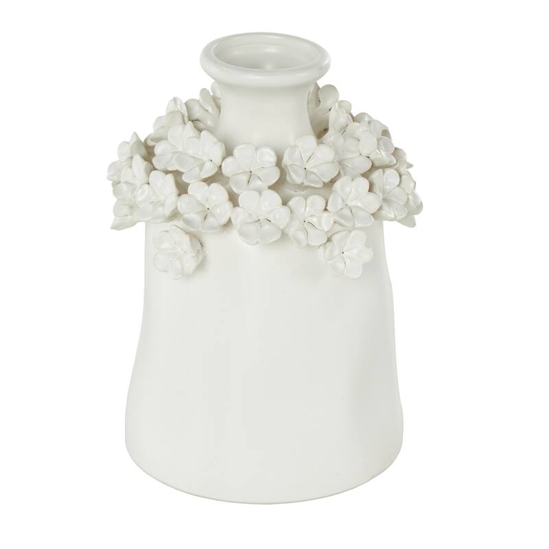 Ceramic Floral Round Vase with Narrow Opening - White - Roche River Decor