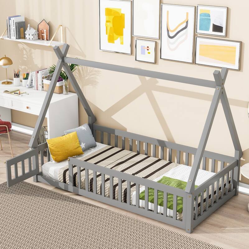 Pine Wood Tent-Shaped Floor Bed with Guardrails and Door - Twin - Grey