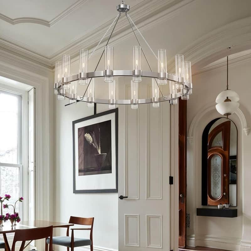 KAYLA 48" 16-Light Gold Chandelier, Wagon Wheel Chandelier with Glass Shade, Modern Farmhouse Chandelier - 48in