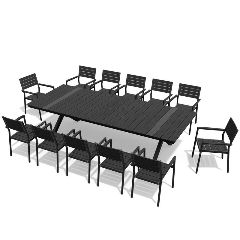 13-Piece Outdoor Dining Set Aluminum Rectangular Table with Umbrella Hole and Stackable Chairs