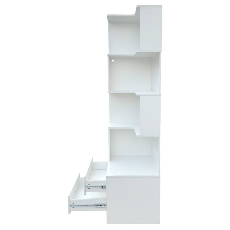 L-Shaped Corner Bookshelf with Drawers and LED Lights, 4-Tier Freestanding Display Stand for Home Office