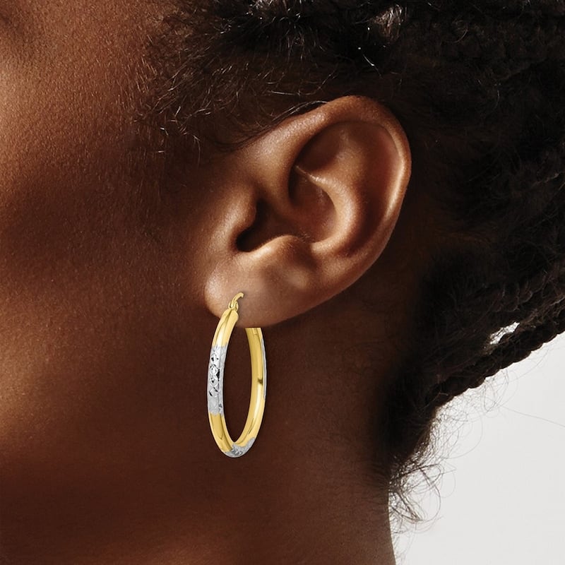 Curata 14k Yellow Gold Rhodium Sparkle Cut Hoop Earrings - 30x30mm