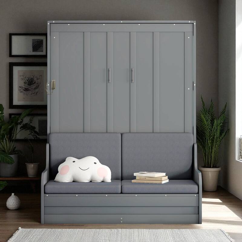 Queen Size Murphy Wall Bed with Cushion Seat, Dual Piston Lift, Space-Saving Cabinet, 8 in Mattress Compatible - Grey - Queen