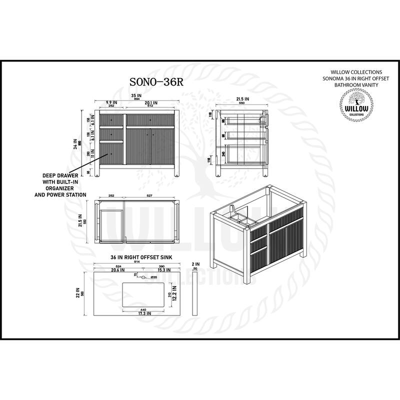 Willow Collections 36 in W x 22 in D Sonoma Right Offset Free Standing Reeded Bathroom Vanity with Countertop