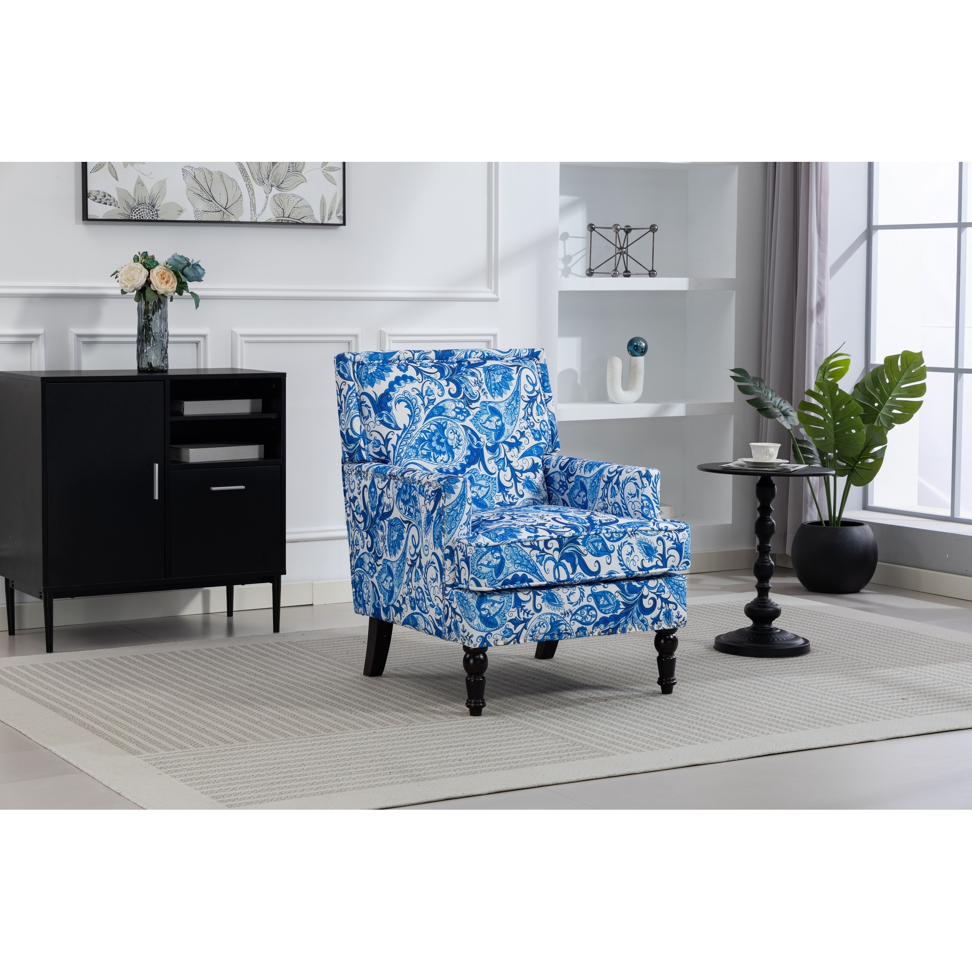 Linen Upholstered Mid Century Wood Frame Accent Chair with Nailhead for Living Room