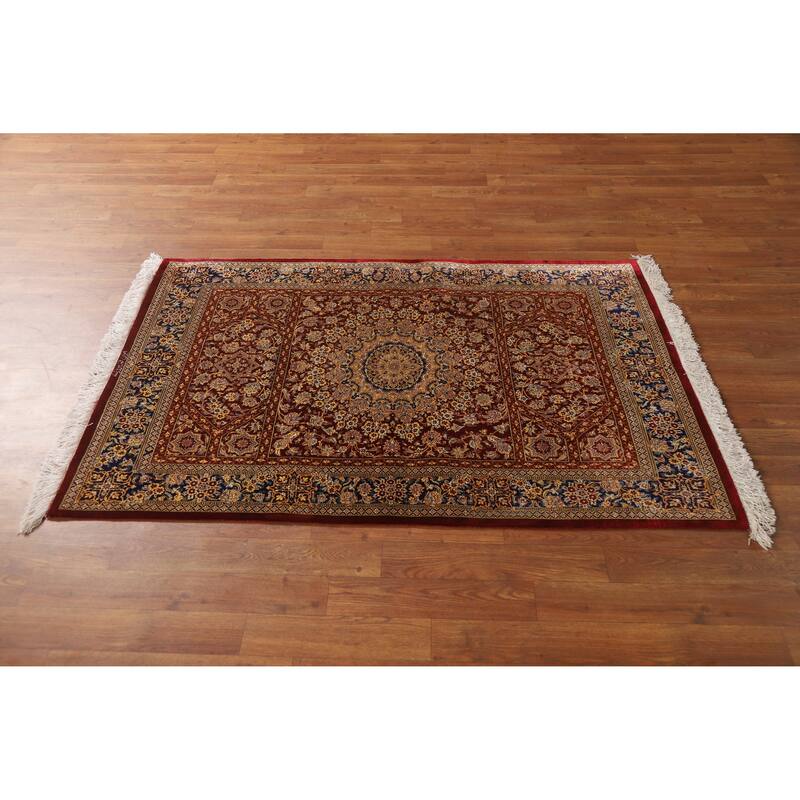 Hand Knotted Oriental Silk Carpet Traditional Floral Red Qum Area Rug - 4' 10'' X 3' 3''