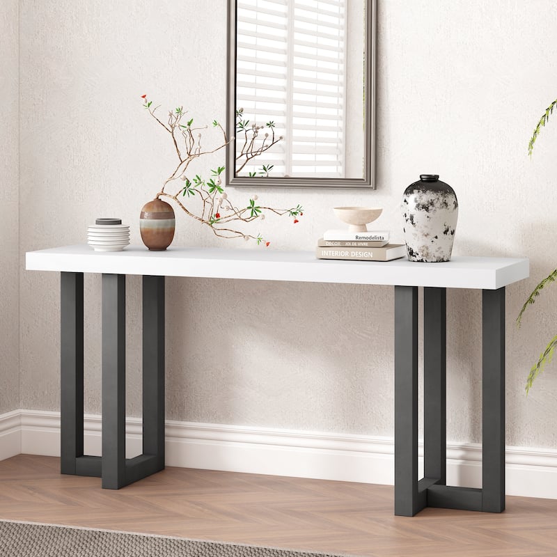 63 Inch Geometric Design MDF Console Table with Solid Pine Legs for Entryway - White