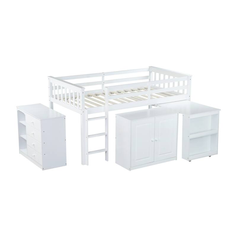 Twin Rubber Wood Loft Bed with Cabinet, Drawer, Shelf,Pulling-Out Desk