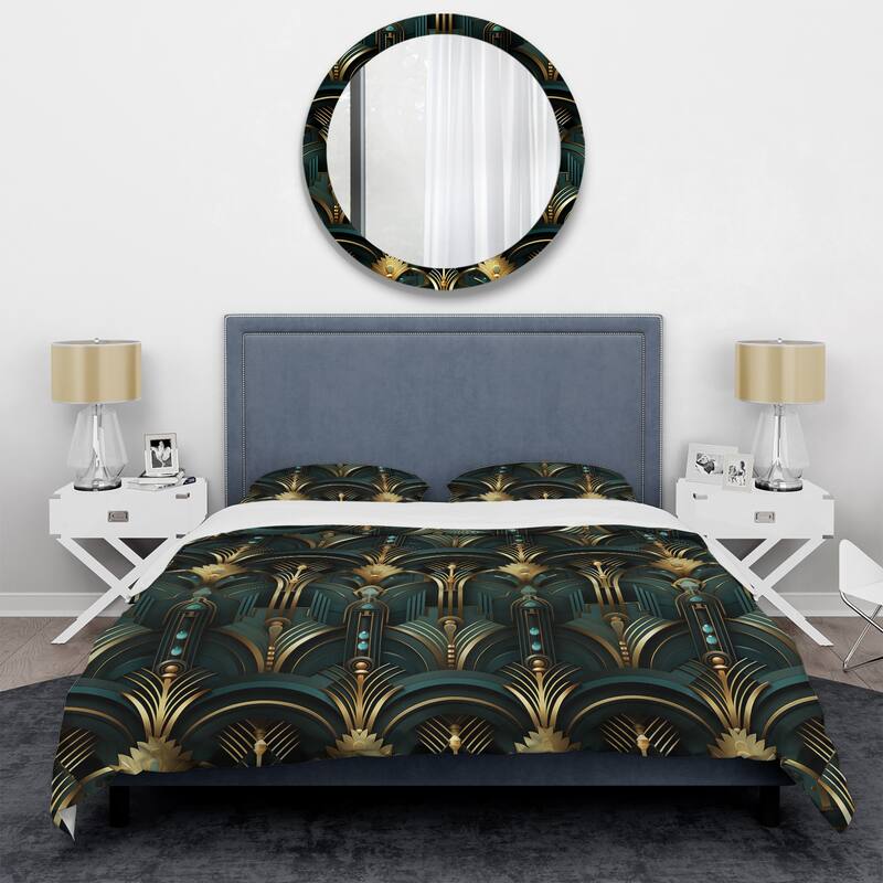 Designart "Gold And Green Art Deco Opulence" Gold Bohemian - Bedding Cover Set With Shams