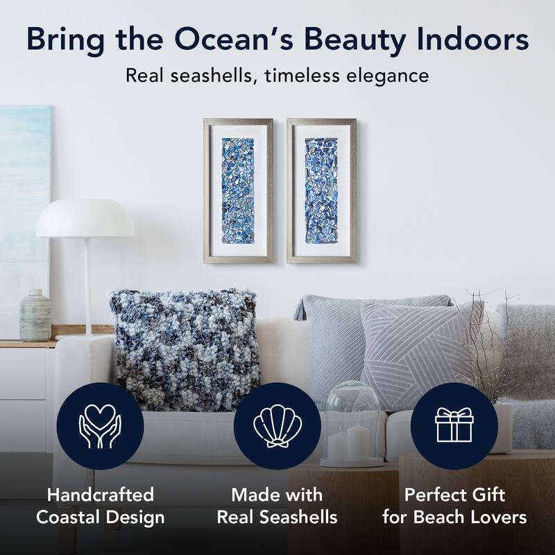 American Art Decor Blue Seashell Mosaic 3D Textured Wall Art, 2 Piece Set - Coastal Vertical Panels with Champagne Frame