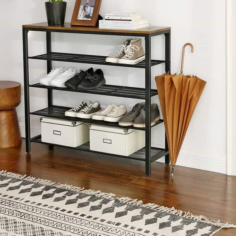 Black-Brown Metal-Wood Shoe Rack with 4 Shelves and Rustic Top Surface - 36.4'' H x 39.4'' W x 11.8''