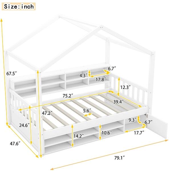 dimension image slide 0 of 2, Twin Size Wooden House Bed Platform Bed With Shelves And a Mini-cabinet