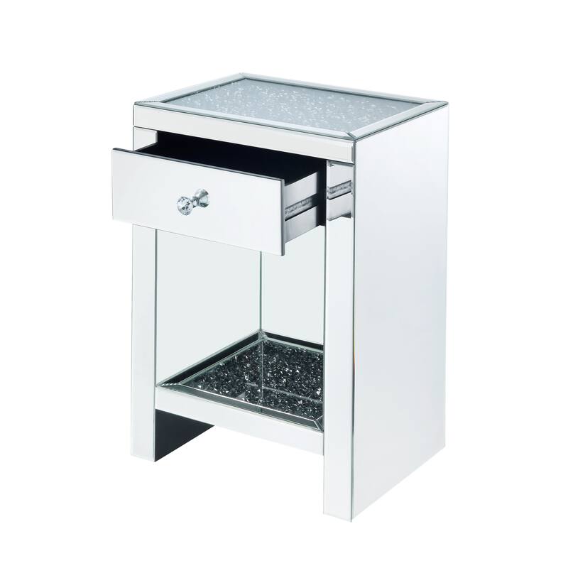 Mirrored Wooden Night Table with 1 Drawer and Bottom Shelf, Silver