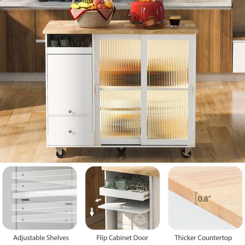 Rolling Kitchen Cart with LED Light, Fluted Glass Doors, Drop Leaf Top, and Adjustable Storage (White)