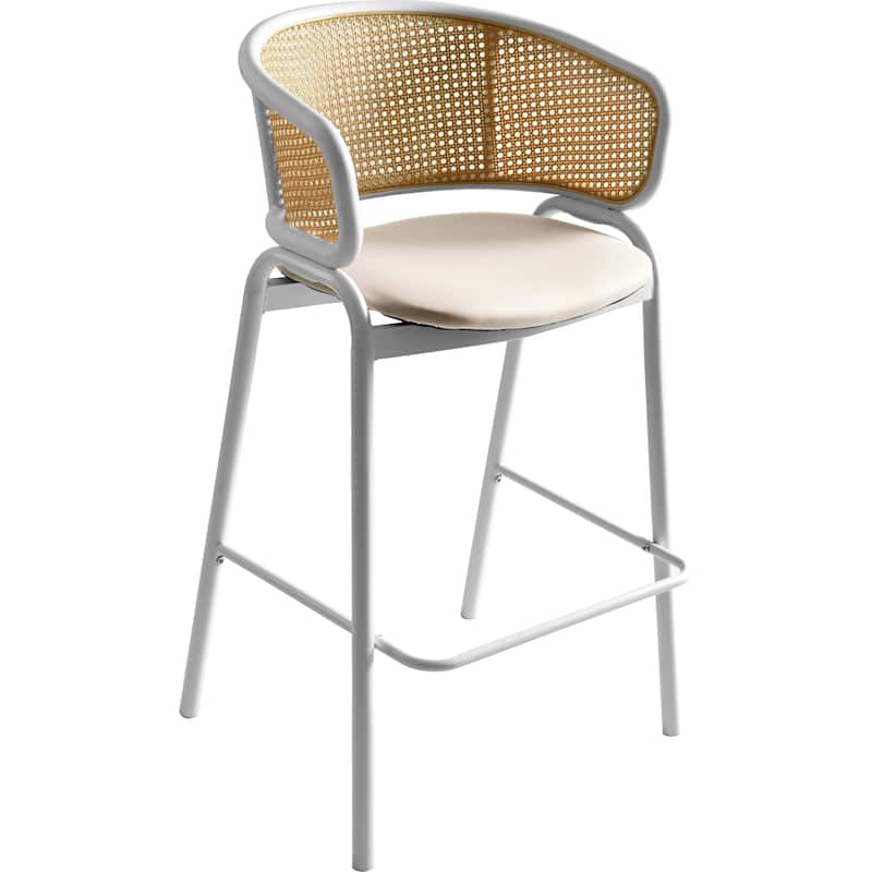 LeisureMod Ervilla Modern Wicker Leather Bar Stool with Curved Back & White Stainless Steel Frame for Home & Kitchen - White